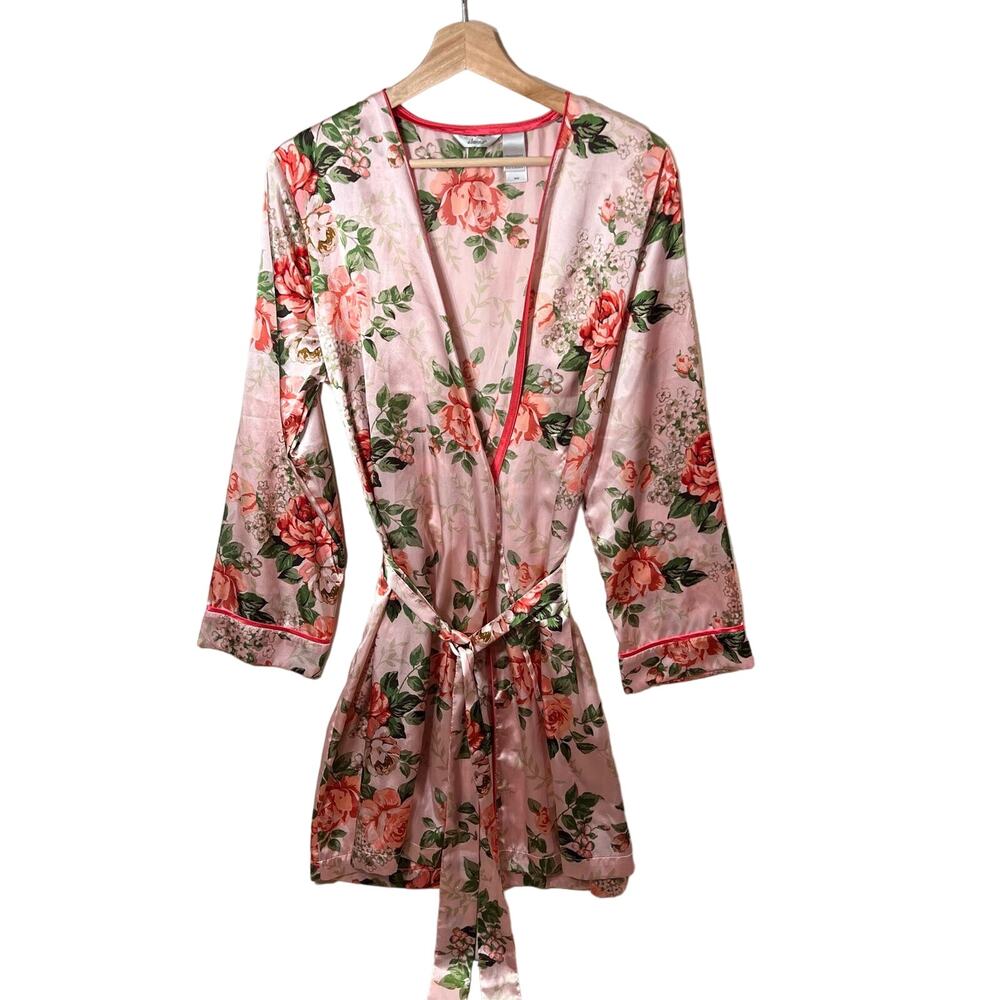 Adonna Vintage Satin Robe Pink Floral Silky Belted Size M